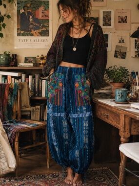 Talla Embroidered Art Harem Pants Boho Hippie Festival Woven Blue Size M